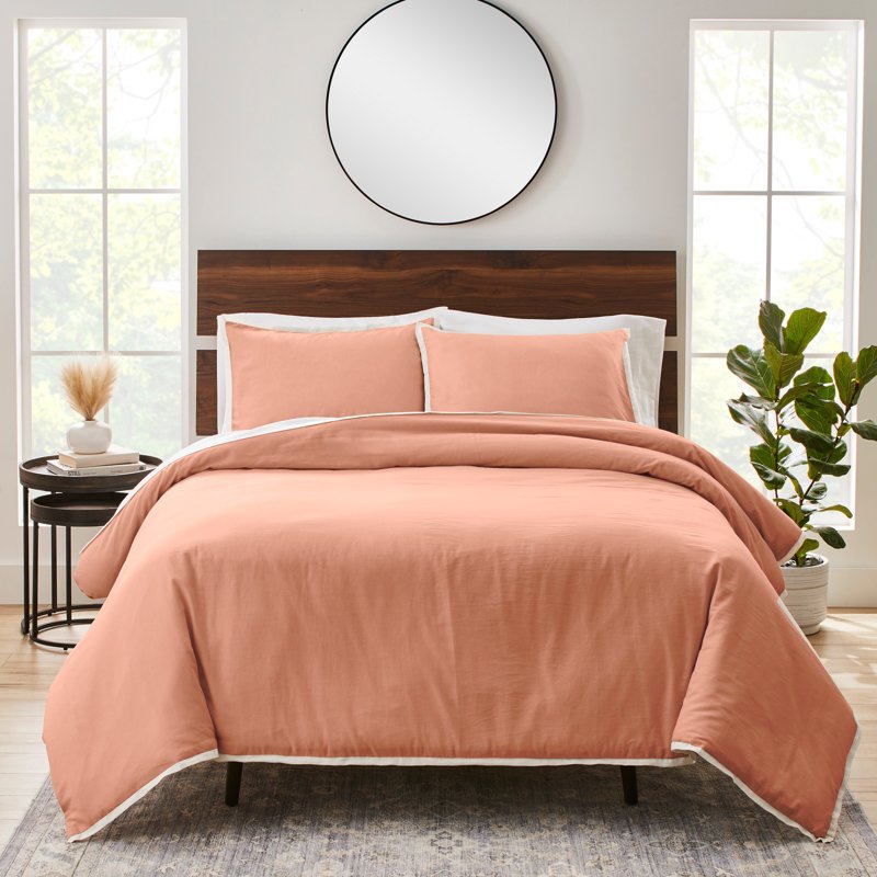 King Linen-Cotton Duvet Cover Set with Contrast Flange - Terracotta Dream