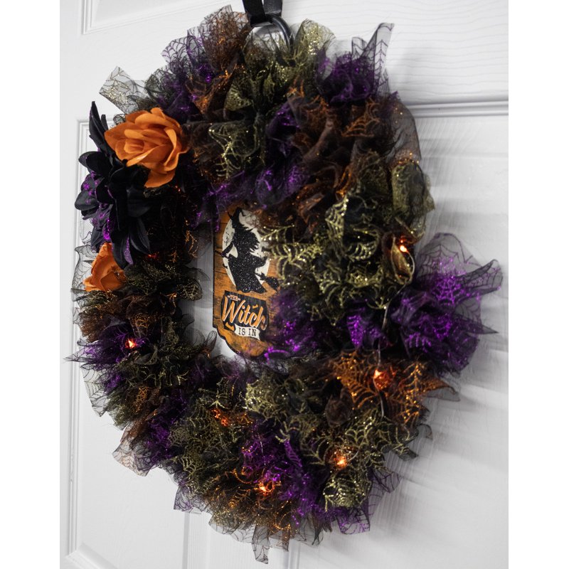 Halloween Wreath - Handcrafted Decor with Lights - The Witch is In - 17 Inch