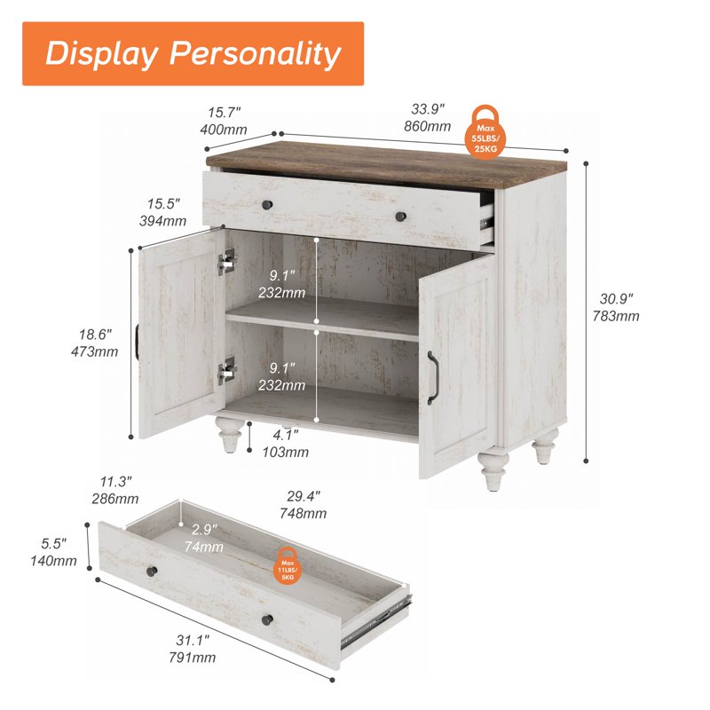 Rustic White Buffet Cabinet with 2 Doors & 1 Drawer - 34-Inch