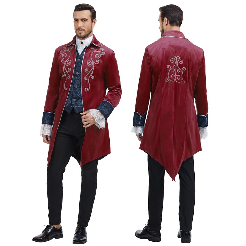 Men's Medieval Steampunk Tailcoat Jacket - Gothic Victorian Frock Coat, Red, XL