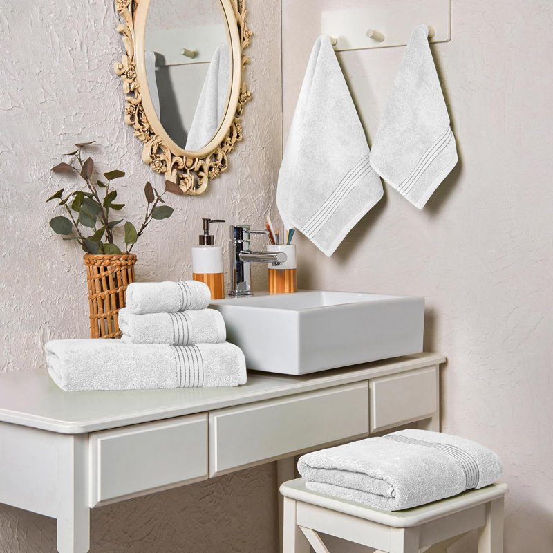White & Gray 6-Piece Turkish Cotton Bath Towel Set - Highly Absorbent & Plush