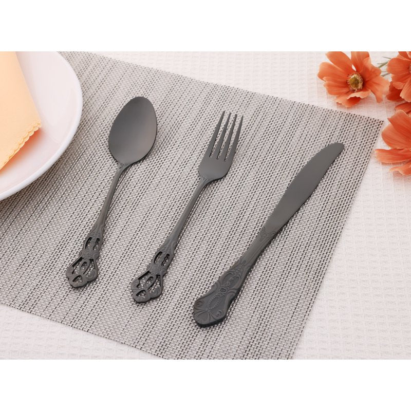 20-Piece Stainless Steel Floral Flatware Set - Black