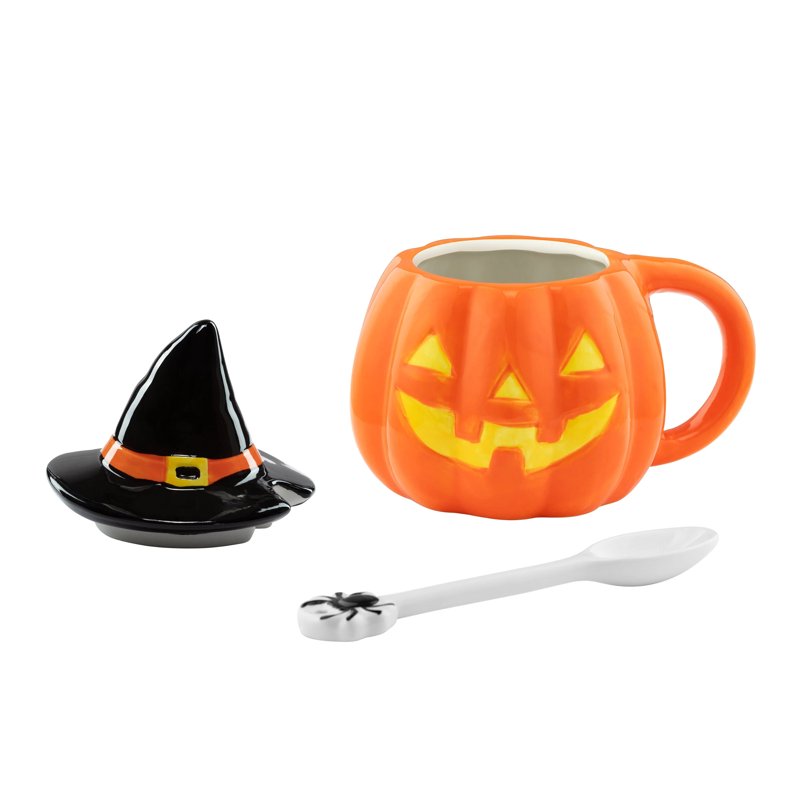 Lidded Jack-O-Lantern Ceramic Mug with Spoon - Halloween Decor, 18oz