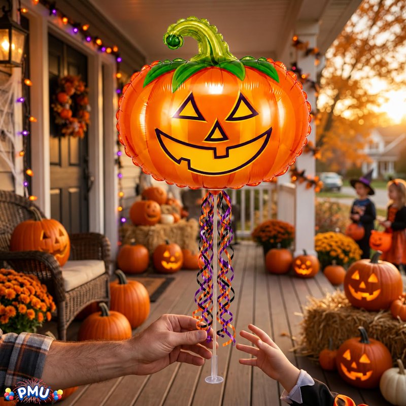 Halloween Pre-Inflated 9 Inch Pumpkin Balloon on Stick - Whimsical Pumpkin, 1 Pack