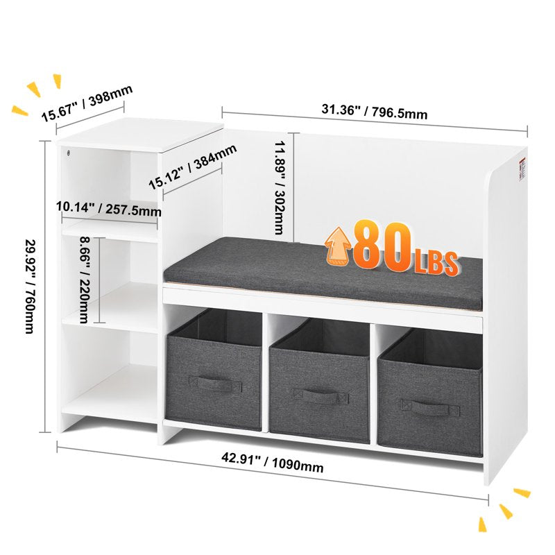 Children's Storage Bench with 6 Cubbies & 3 Drawers