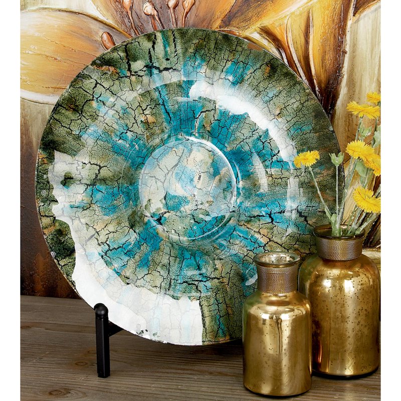18" Round Handmade Textured Green Glass Charger Plate with Stand