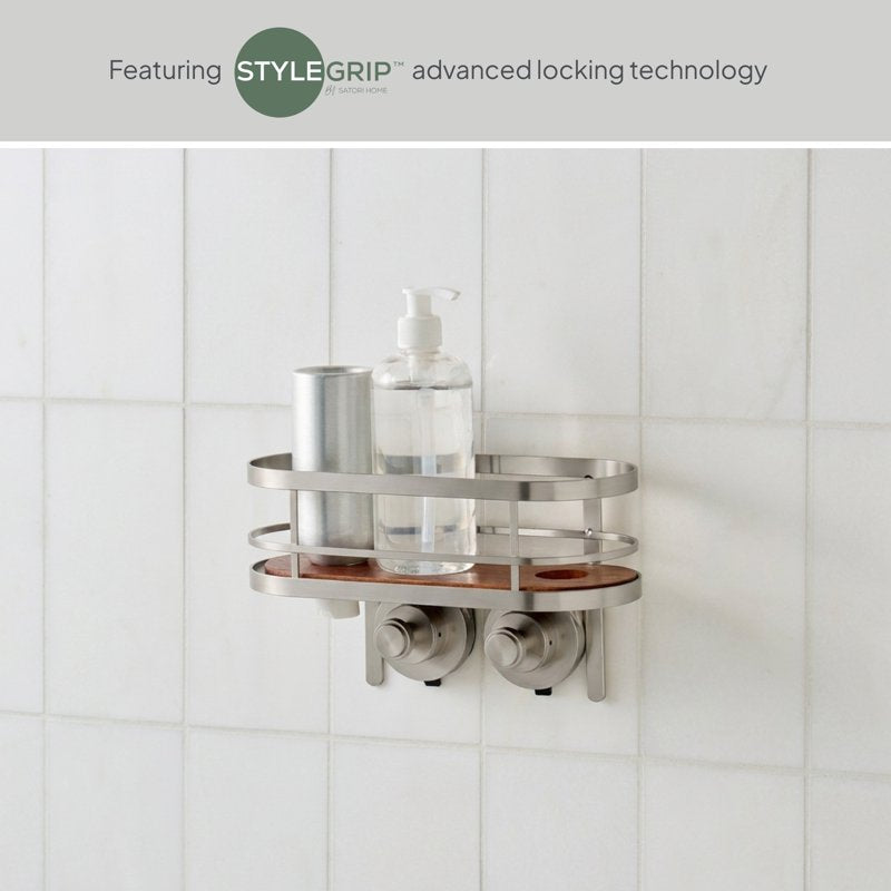 Suction Mount Shower Caddy with Acacia Wood Tray - Satin Nickel Finish