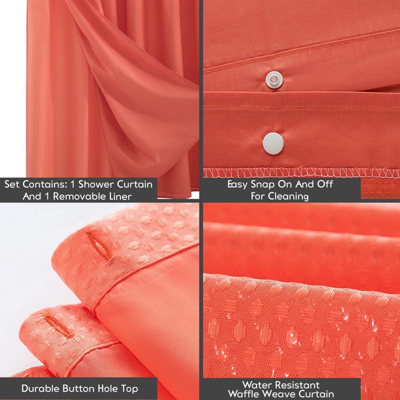 Waterproof Shower Curtain with Detachable Liner - Coral, 2-in-1 Bathroom Decor