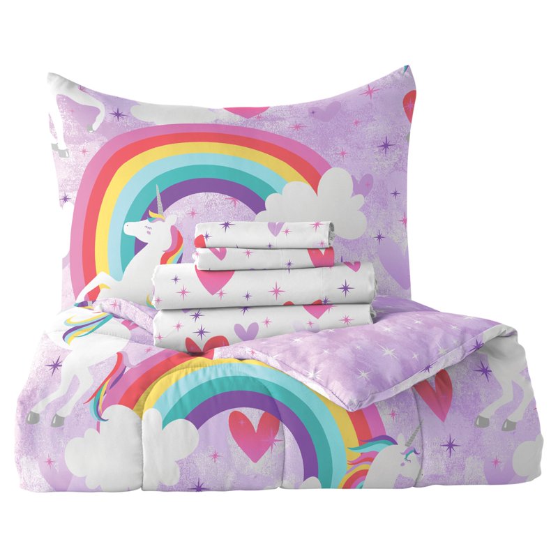 Twin Unicorn Rainbow Comforter Set for Children - Pink Whimsical Bedding