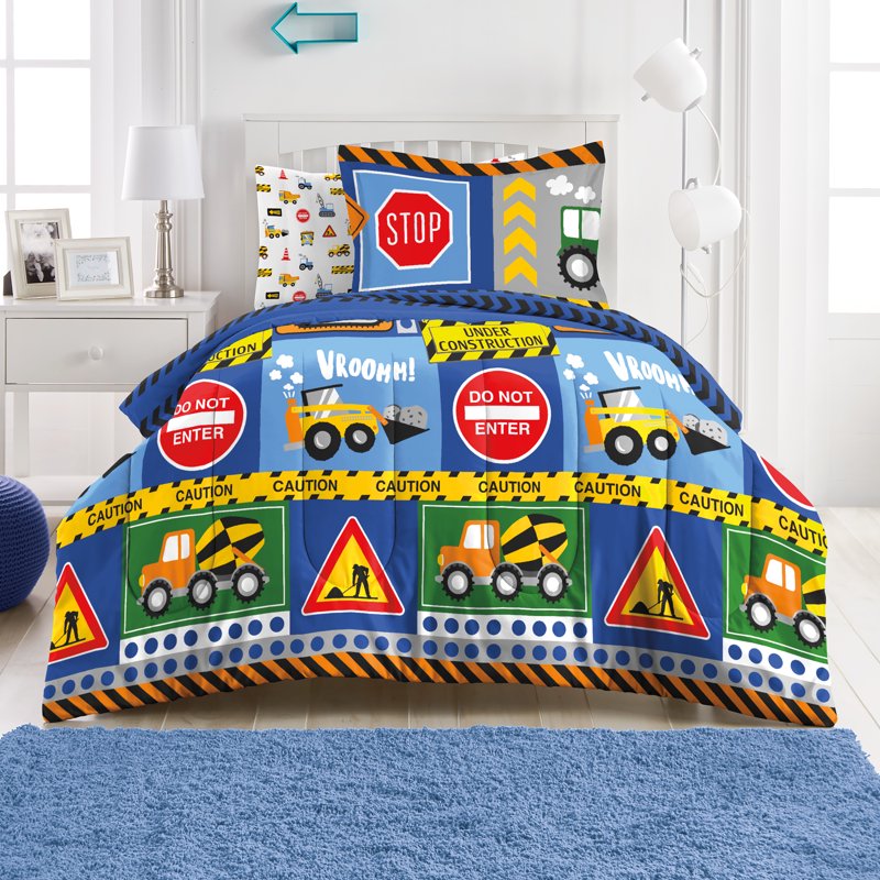 Full Child Under Construction Comforter Set with Truck Design - Microfiber, Blue & Multi