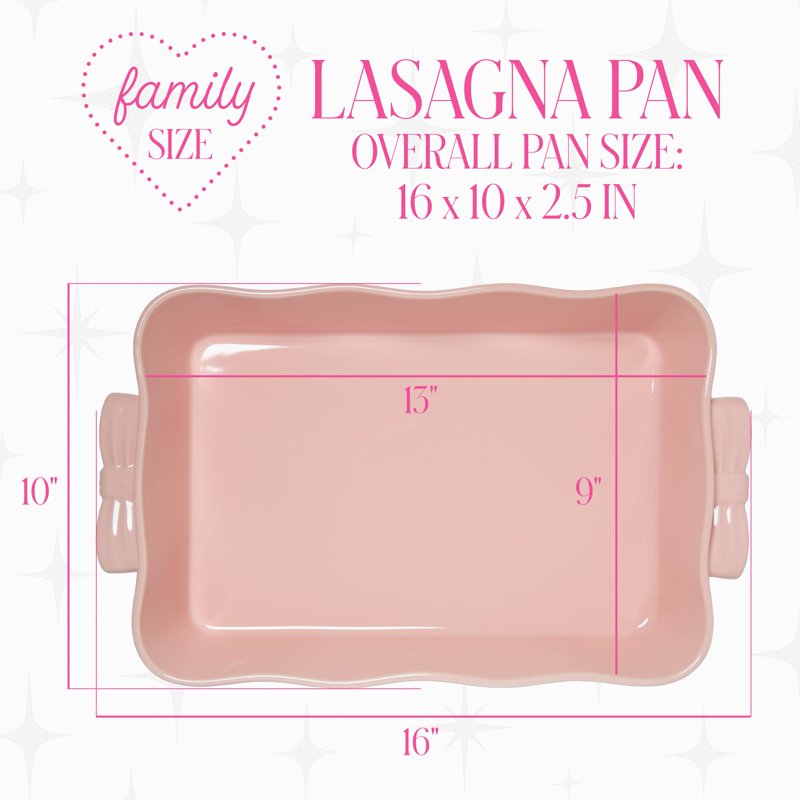 Ceramic Stoneware Lasagna Baker - 13 x 9 Inch, Pink with Bow Handles