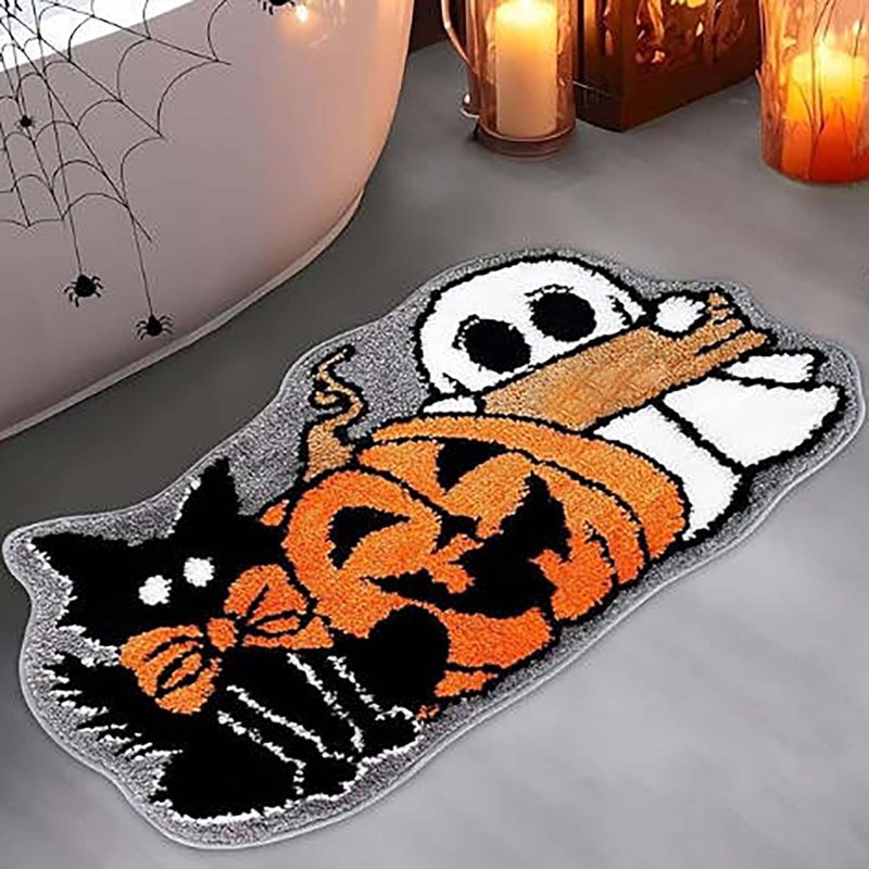 Halloween Ghost Pumpkin Cat Pattern Bath Rug - Gothic Living Room & Bedroom Decor - Variation #24