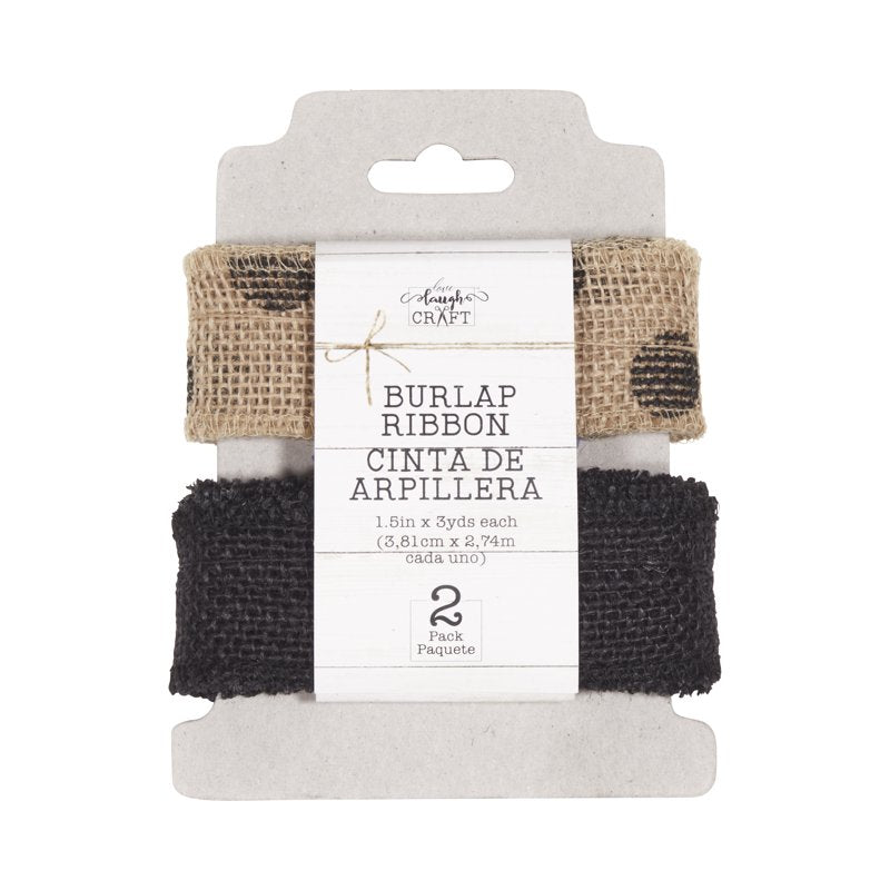 Natural Burlap Ribbon Set - 1.5W x 3Yds with Black Dots, Rustic Craft Trim
