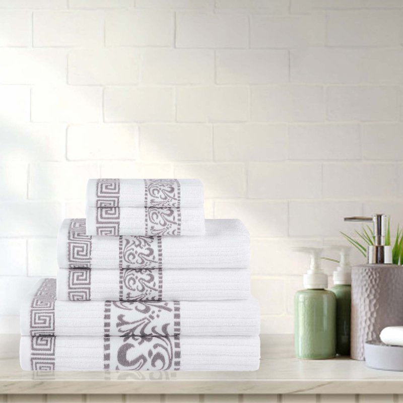 Greek Scroll Cotton Bath Towel Set - 6-Piece Quick Dry Towels - Chrome Variant
