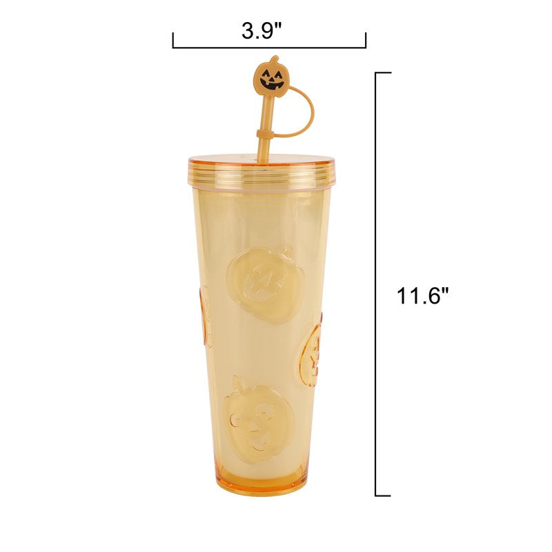 Pumpkin Glow-in-the-Dark 26oz Acrylic Tumbler with Silicone Straw Topper - Orange