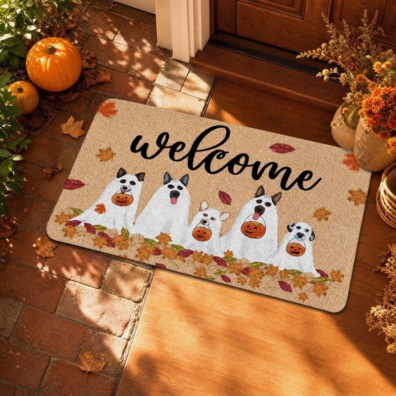 Halloween Ghost Dog Pumpkin Maple Leaf Welcome Doormat - Fall Entry Rug with Cute Dogs