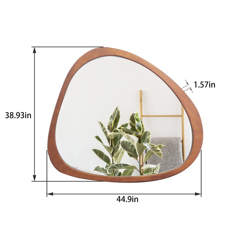 45-Inch Asymmetrical Wall Mirror with Solid Wood Frame - Mid-Century Style, Walnut Finish