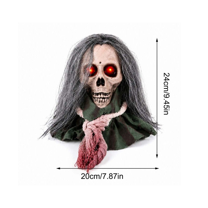 Halloween Moving Skull Head Prop with Long Hair & Glowing Red Eyes - White Variation
