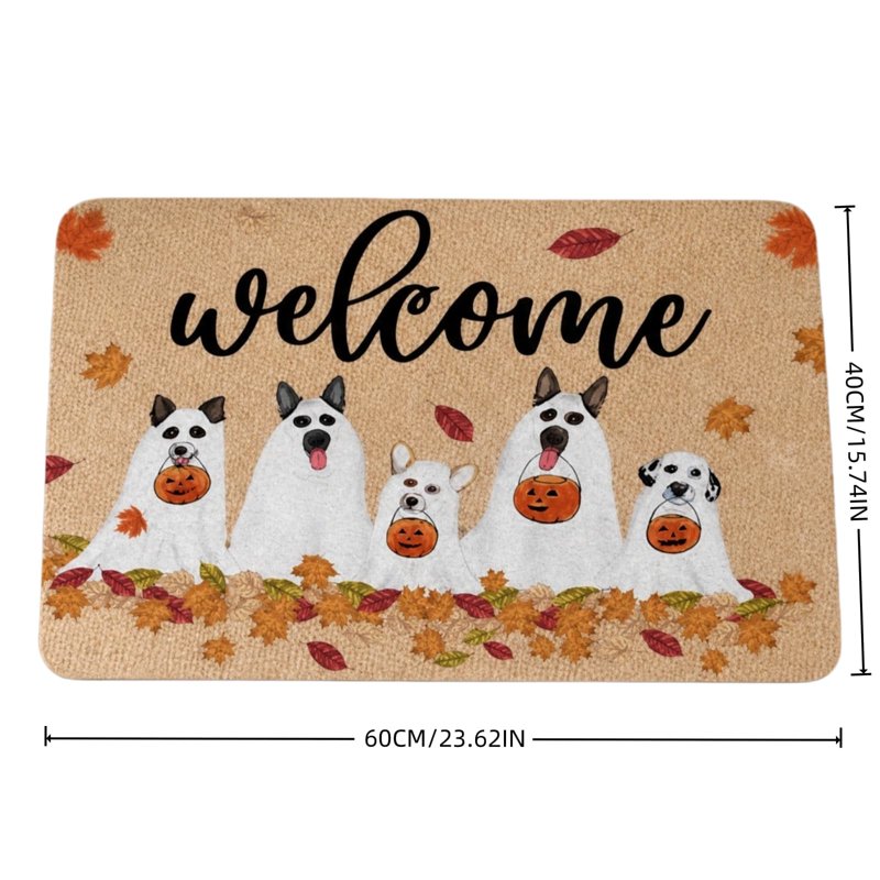 Halloween Ghost Dog Pumpkin Maple Leaf Welcome Doormat - Fall Entry Rug with Cute Dogs