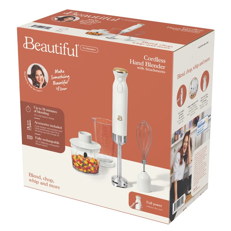 Cordless Immersion Blender with Chopper, Whisk & Cup - White Icing