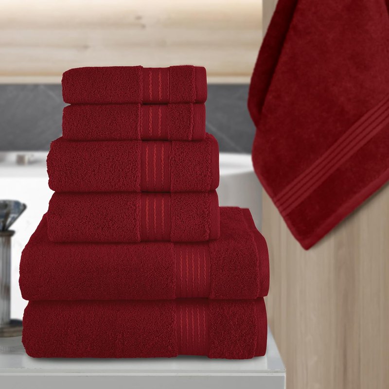 Luxury Turkish Cotton Bath Towel Set - Burgundy, 6 Pieces