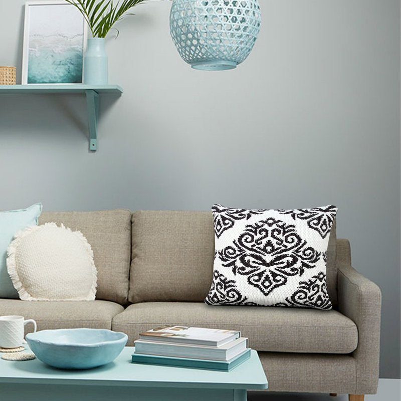 20x20 Inch White Black Medallion Cotton Blend Pillow Cover - Machine-Made