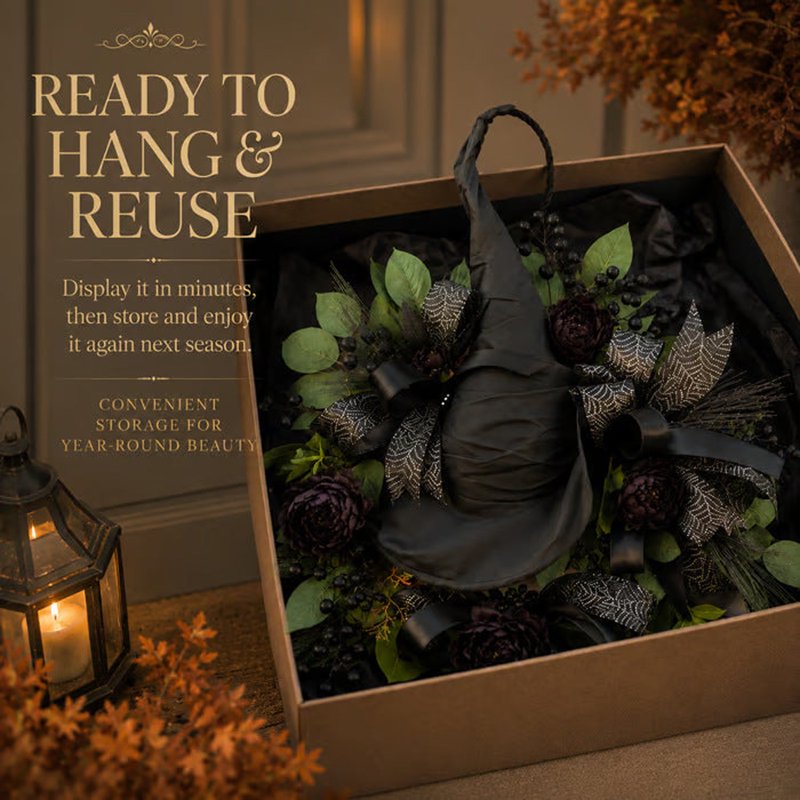 Gothic Black Rose Witch Hat Halloween Wreath Front Door Decor