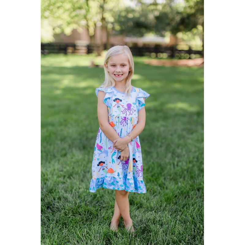 Blue Mermaid Print Girls Dress and Shorts Set - 3T-12, Variation of 10