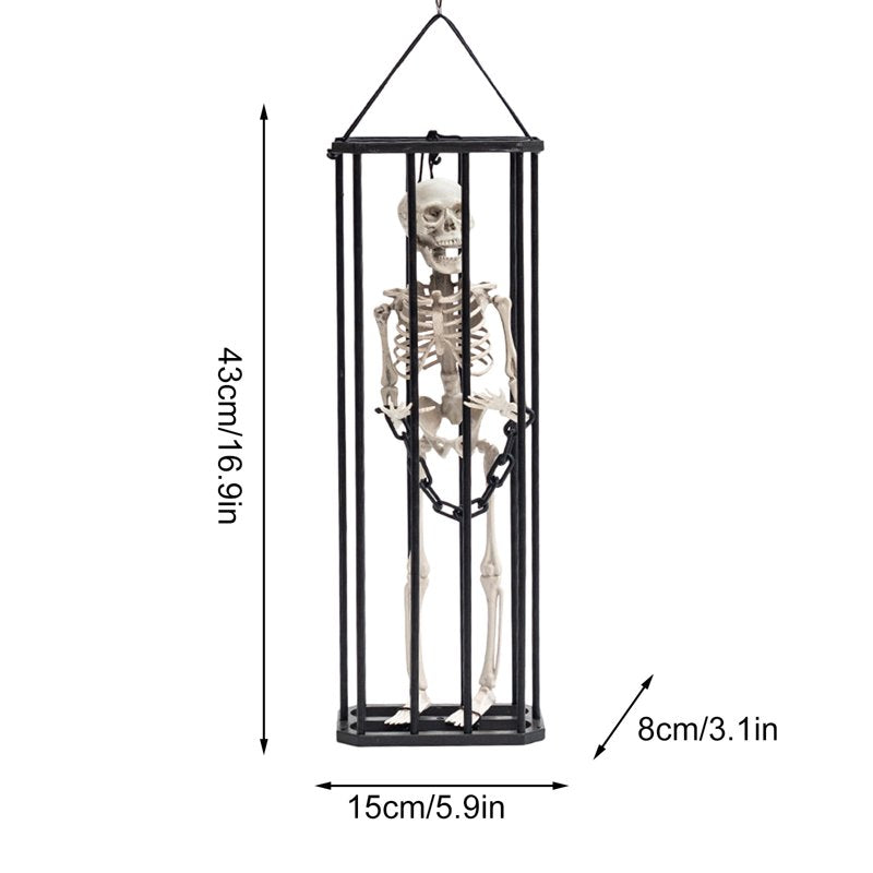 Halloween Hanging Cage Ghost Decoration - 43x15cm White Skeleton Prisoner, Motion-Activated Creepy Prop