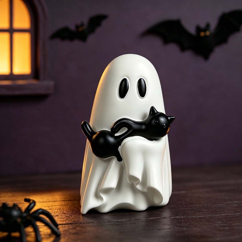 Halloween Ghost Hugging Black Cat Resin Figurine - Mini Desktop Ornament - Variation 13#Halloween