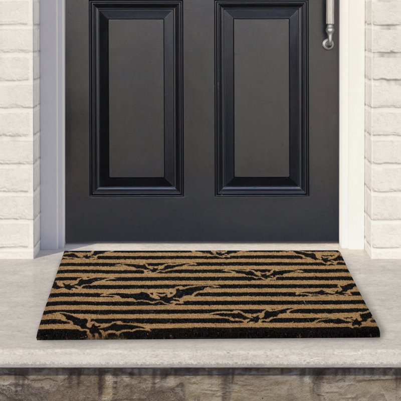 Halloween Coir Doormat with Flying Bats - 18x30 Inch Non-Slip Entry Rug