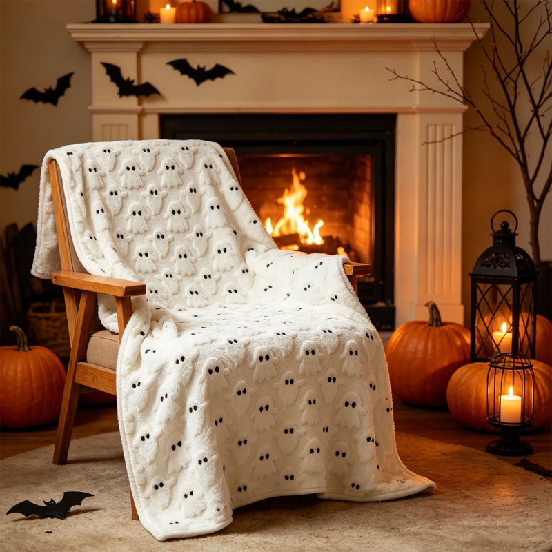 Halloween Fleece Throw Blanket - Ghost & Pumpkin Print, White, 70x100cm - Cozy Sofa Couch Bed Decor