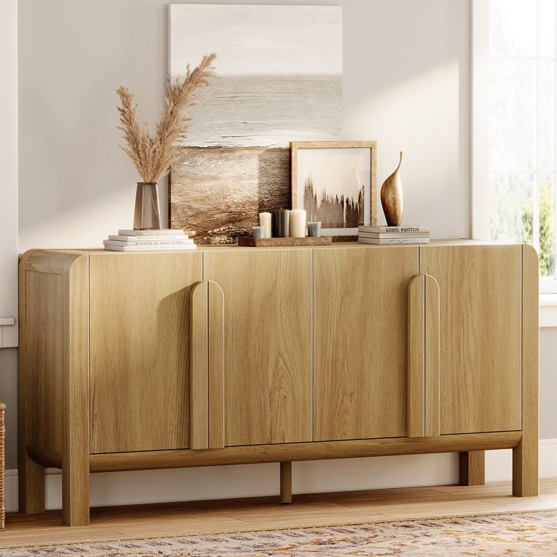 63" Modern Accent Cabinet with Curved Design & Adjustable Shelves - Walnut
