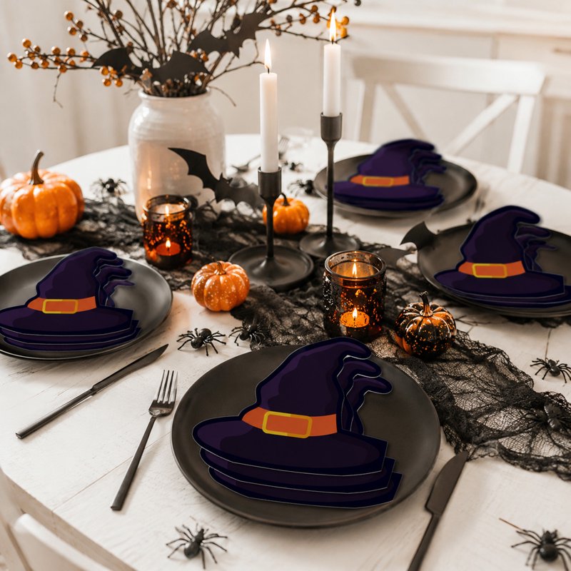 Purple Halloween Pumpkin Shape Paper Napkins 20 Pack - Disposable Cocktail & Party Table Decor