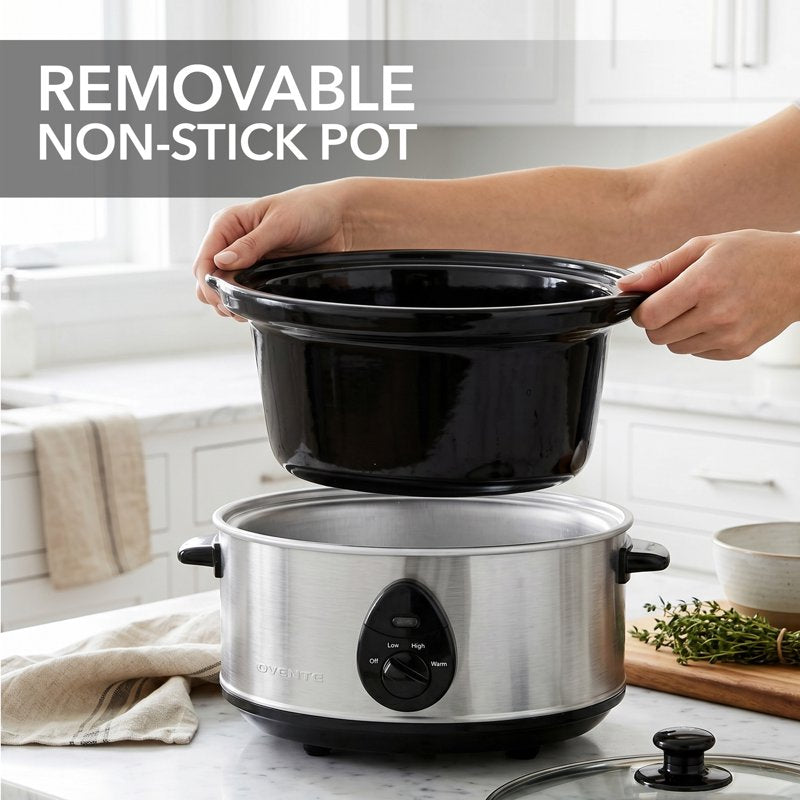 3.7-Quart Electric Slow Cooker - Stainless Steel Oval Pot with Glass Lid
