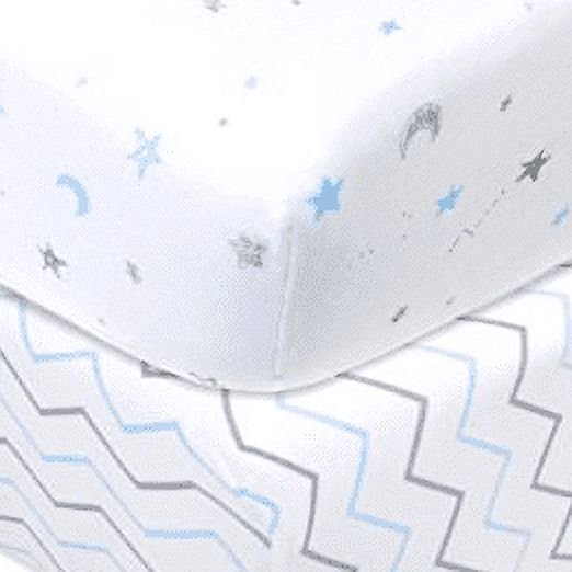 Crib Sheets 2 Pack - 100% Cotton Fitted Bed Sheets for Baby Cribs & Toddler Beds, Blue Stars & Zigzag, 52 x 28 Inches