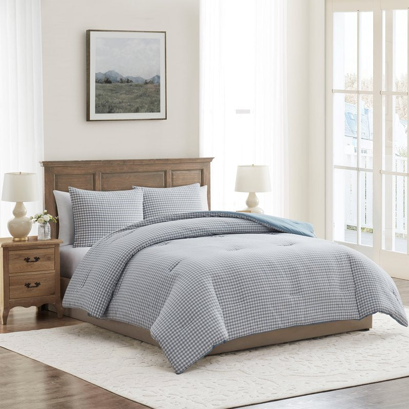 My Texas House Collins Blue Gingham Cotton Comforter Set Twin XL - 2 Pieces