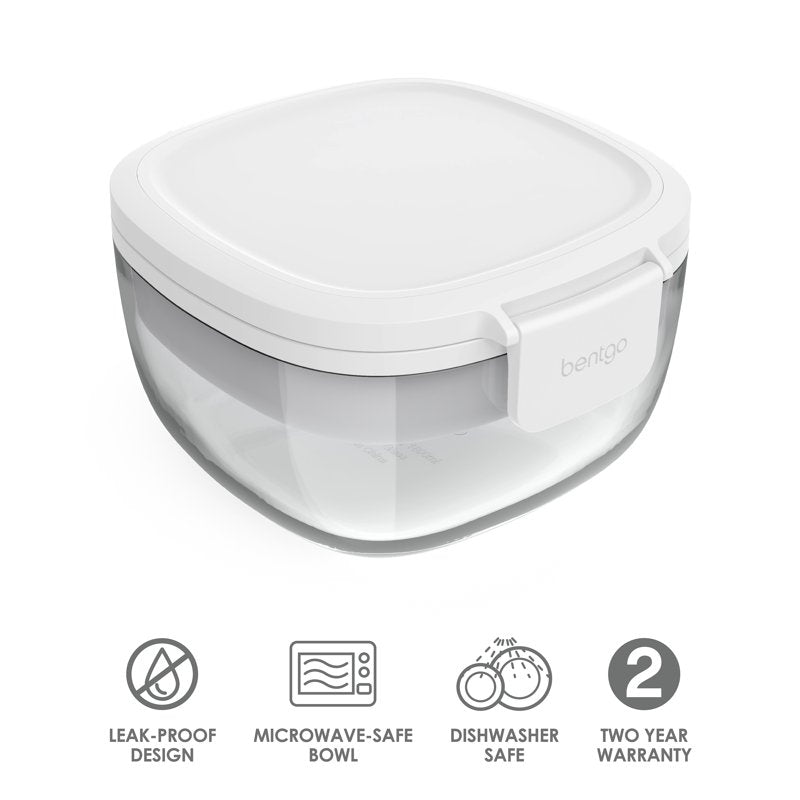 Leak-Proof Salad Container - 61-oz Glass Bowl with Fork - White