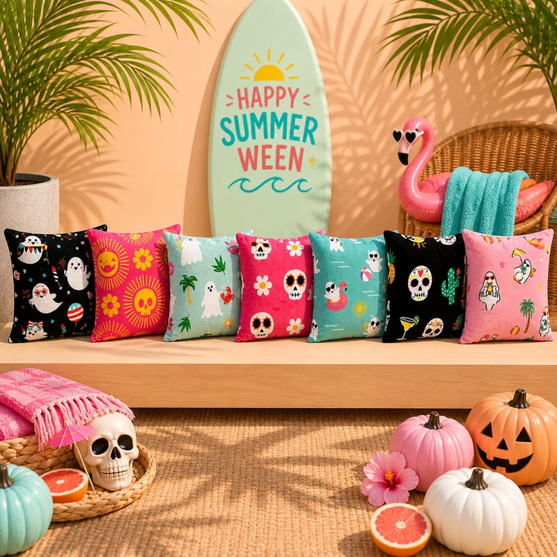 Summerween 18x18 Plush Decorative Pillow - Fiesta Skulls Black