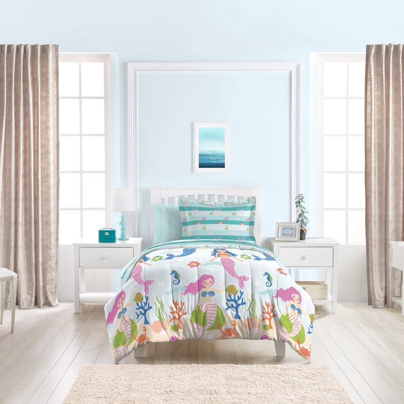 Full Mermaid Dreams Bed-in-a-Bag Comforter Set for Girls - Light Blue, Reversible, Microfiber