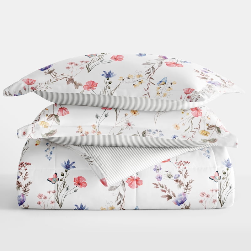 Full/Queen Reversible Comforter Set with Pink Floral Stripe - Down Alternative Bedding