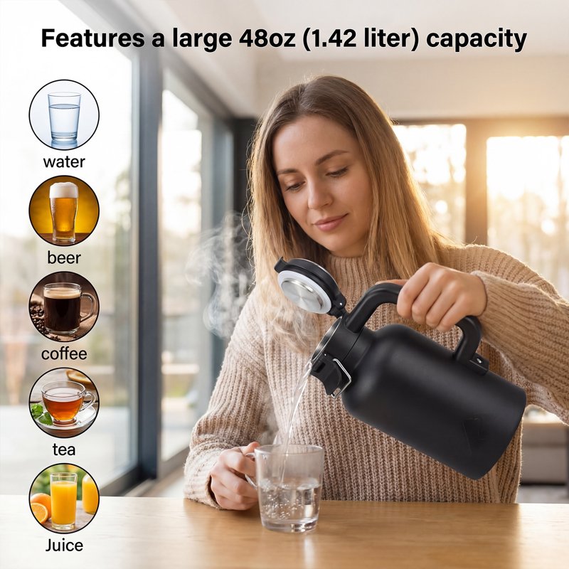 48oz Insulated Stainless Steel Growler - Black Travel Bottle