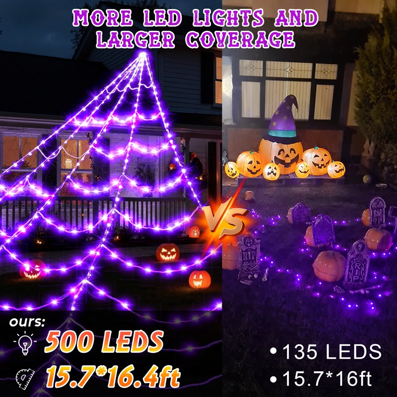 Purple LED Halloween Spider Web Lights Outdoor 16.4ft x 15.75ft with Remote & Hooks