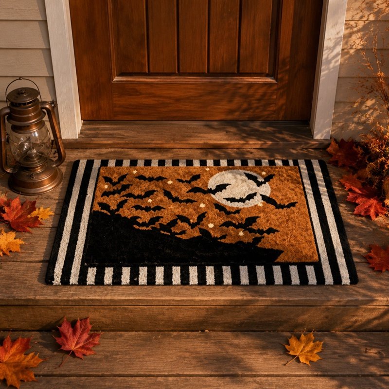 Halloween Welcome Doormat - Brown1 Bat Pattern Non-Slip Indoor Outdoor Rug