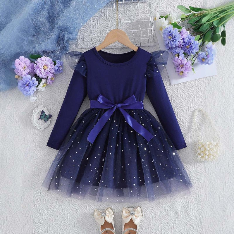 Blue Girl Long Sleeve Gradient Star Dress for Kids 1-2 Years - Formal Party Gown