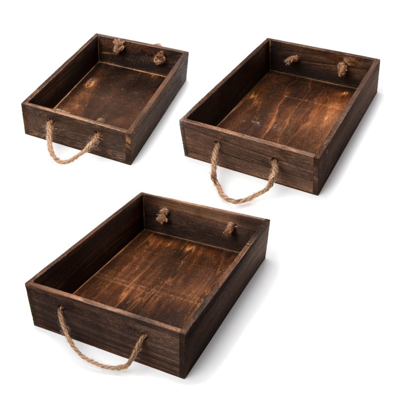 Rustic Brown Wooden Nested Tray Set - 3 Graduated Sizes