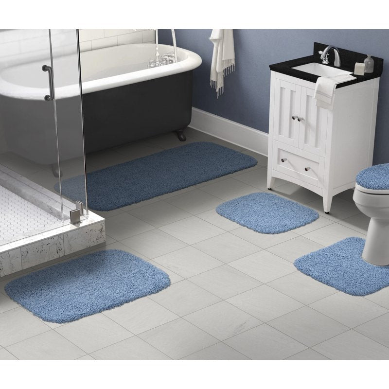 Jazz Washable Bathroom Rug Set - 5 Piece Bath Mat Contour Toilet Lid & Runner - Basin Blue