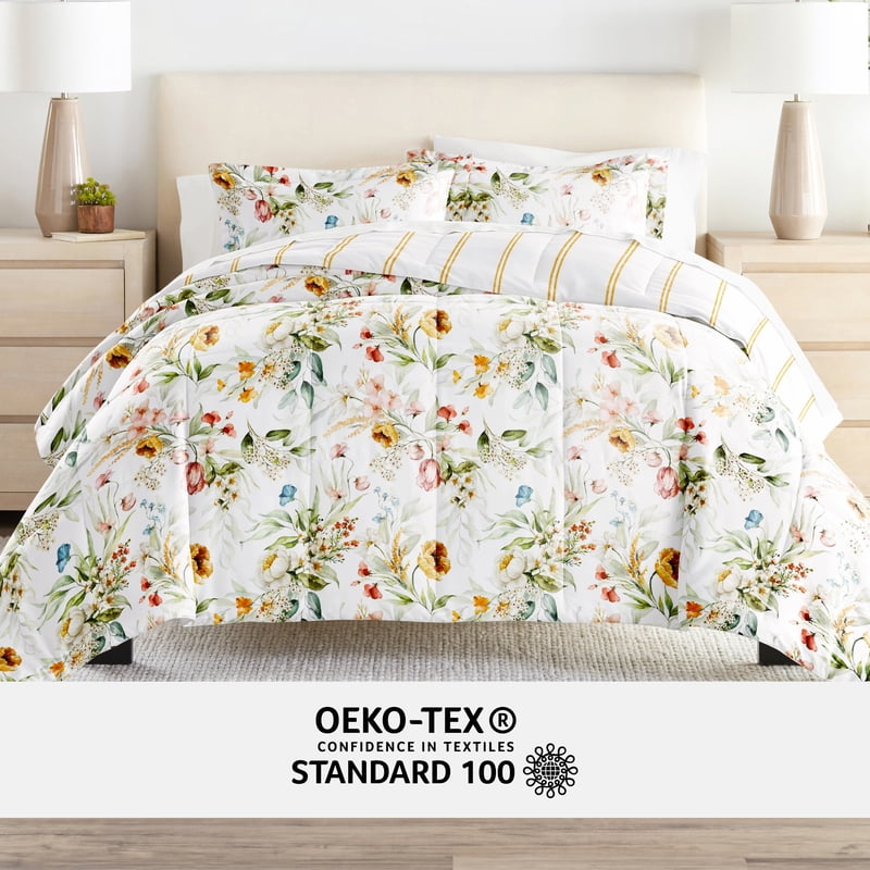 Queen Microfiber Bedding Set with Patterned Comforter & Sheets - Chintz Floral Stripe Clay