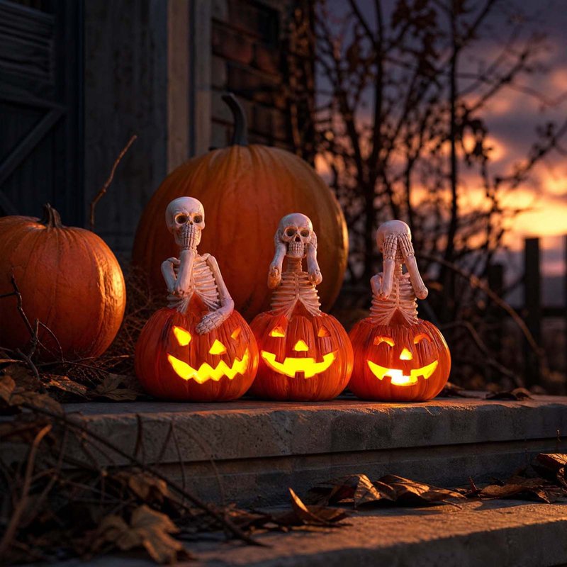 Halloween Skeleton Pumpkin Light - Orange Resin Skull Lantern for Indoor Outdoor Decor