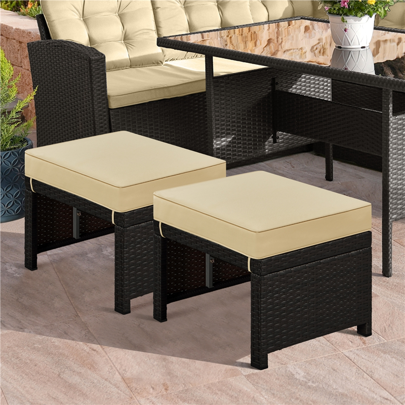 2PCS Wicker Ottomans with Removable Cushion for Outdoor Patio